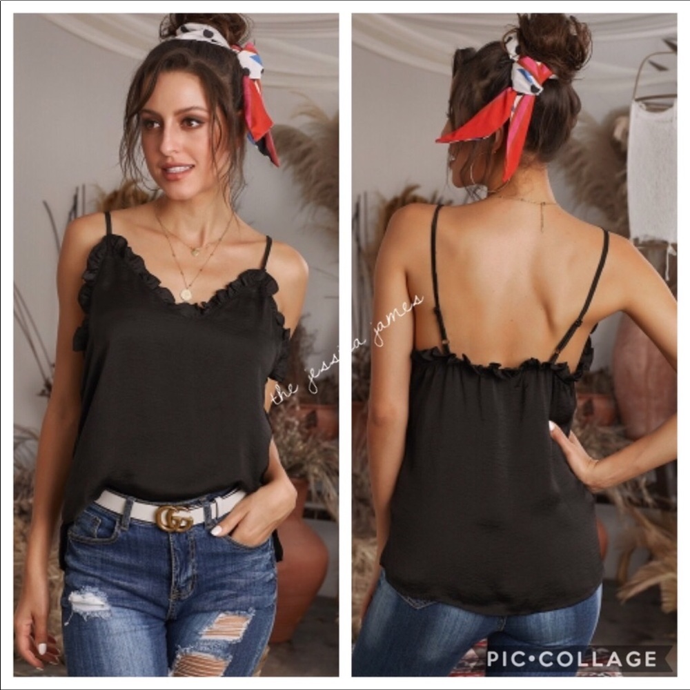 Evita Black Ruffles Adjustable Strap Tank Top NEW - Picture 3 of 12